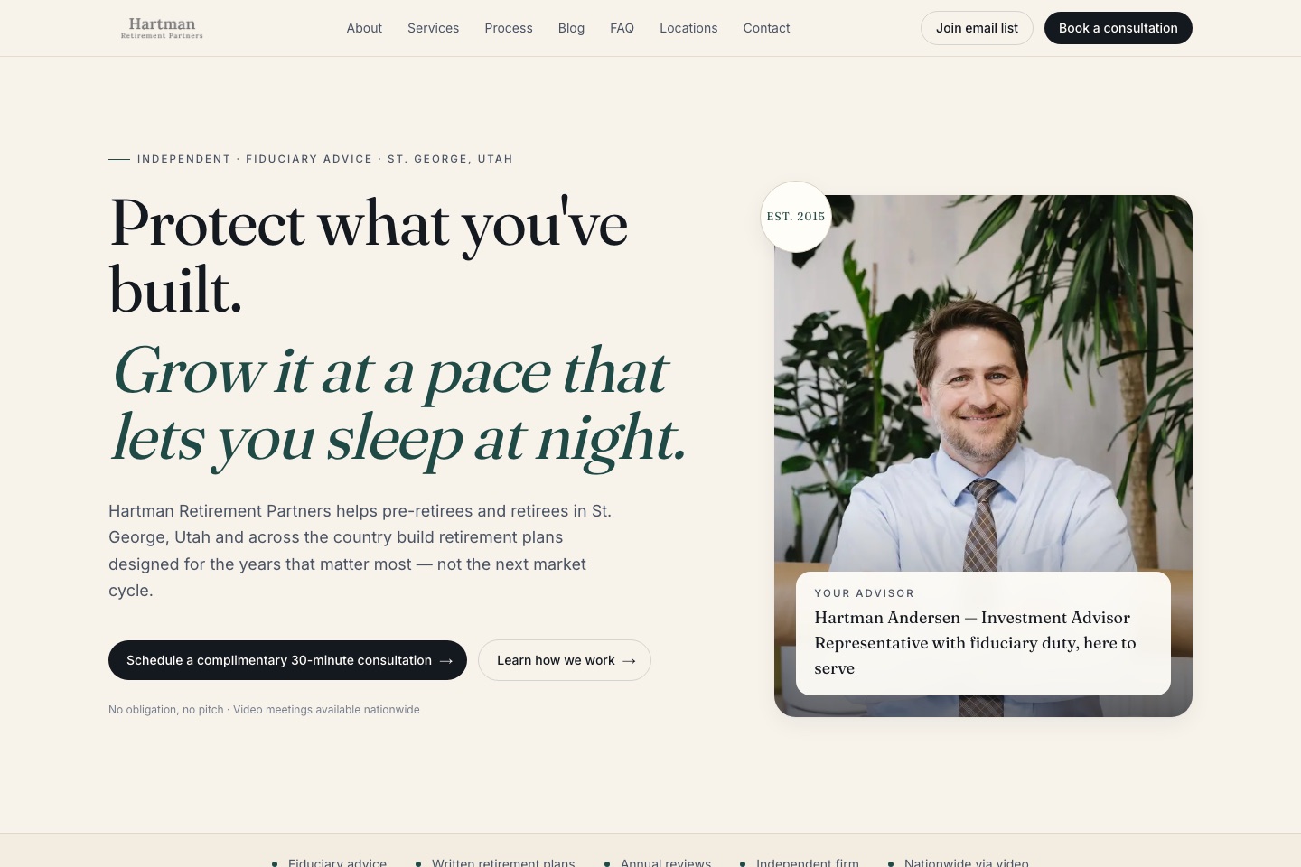 Screenshot of the Hartman Retirement Partners homepage — headline reading 'Protect what you've built. Grow it at a pace that lets you sleep at night.'