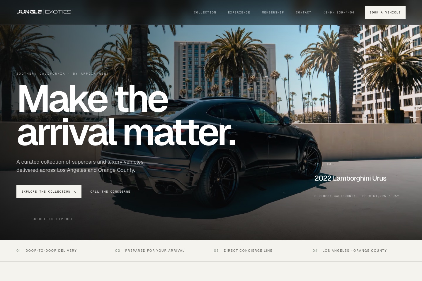 Screenshot of the Jungle Exotics homepage — a black Lamborghini Urus under palm trees with the headline 'Make the arrival matter.'