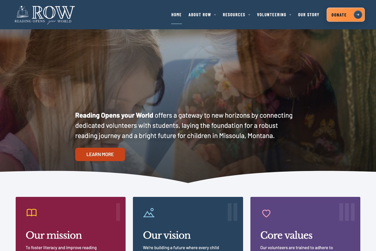 Screenshot of the Reading Opens Your World homepage — a volunteer reading with a child, with ROW's mission, vision, and core values.
